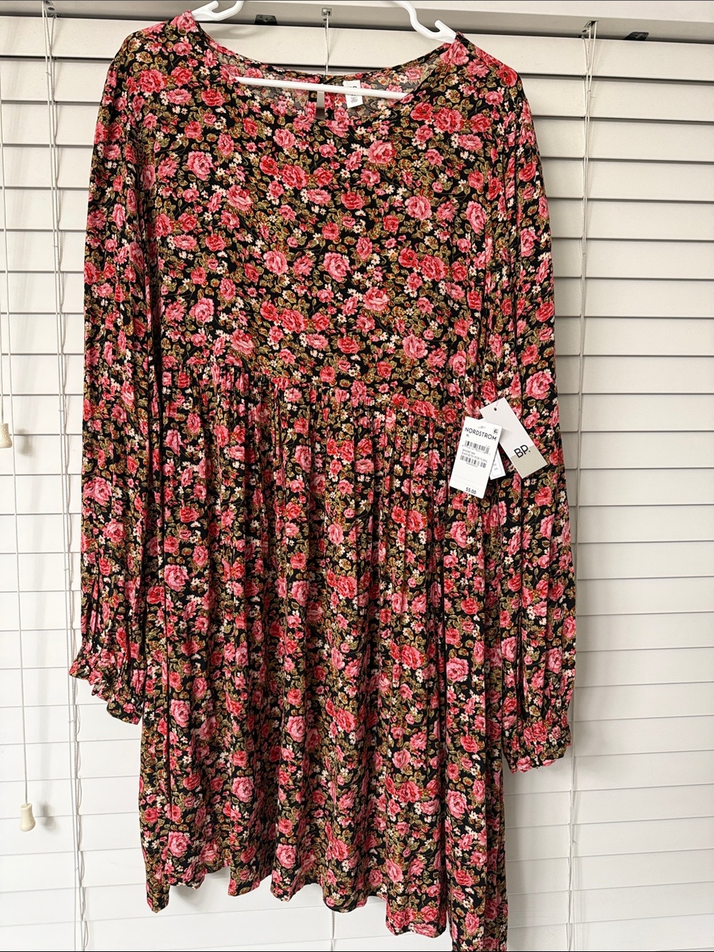 Nordstrom BP Floral Long-Sleeve Smock Dress in Pink and Black